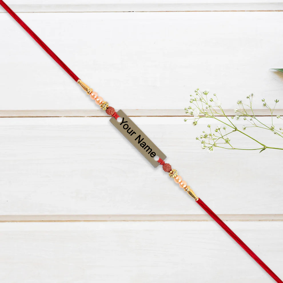 Personalized Rudraksha Rakhi – Custom Name Plate for Brother