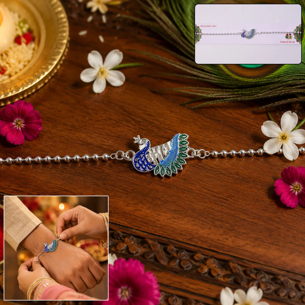 Rakshabandhan Silver Peacock Rakhi – Stylish & Traditional Design by madhavans