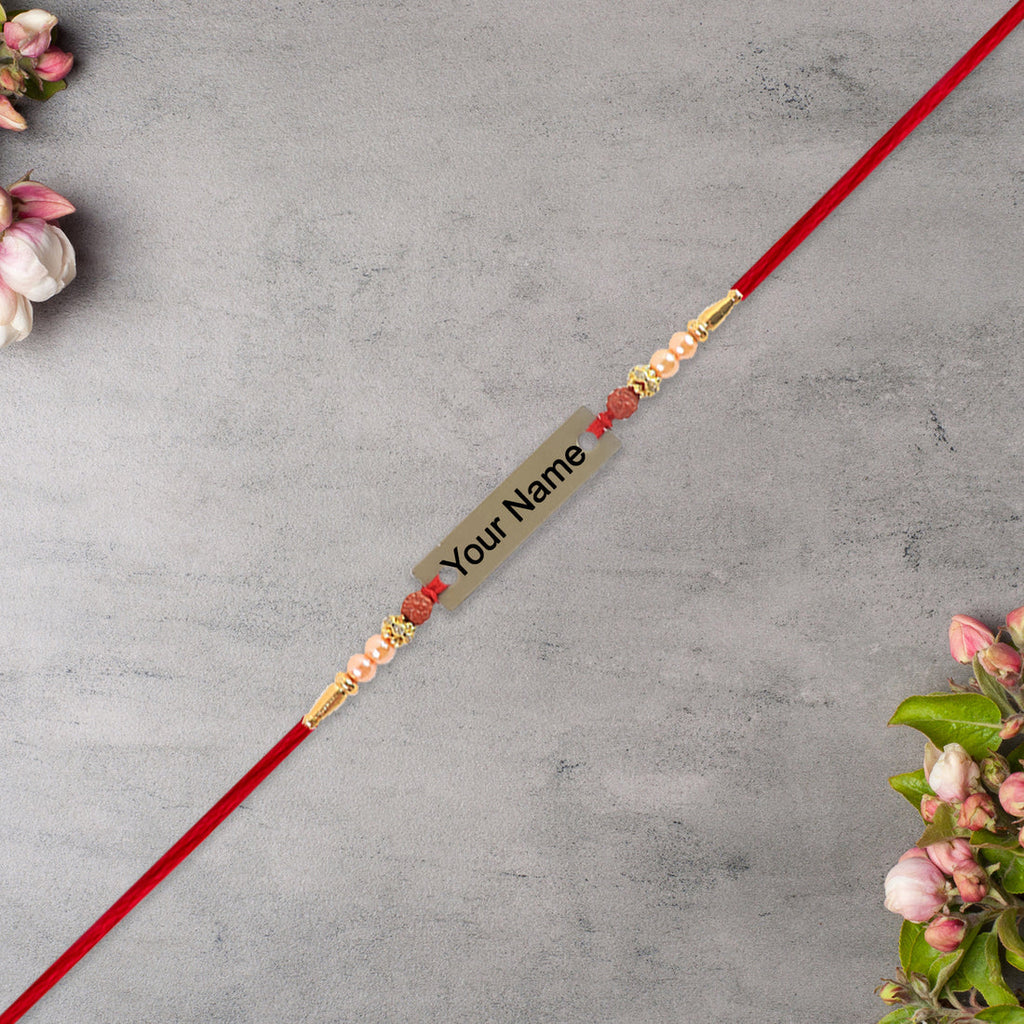 Personalized Rudraksha Rakhi – Custom Name Plate for Brother