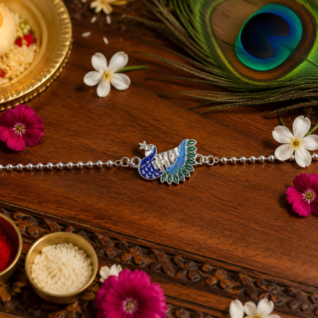 Rakshabandhan Silver Peacock Rakhi – Stylish & Traditional Design by madhavans