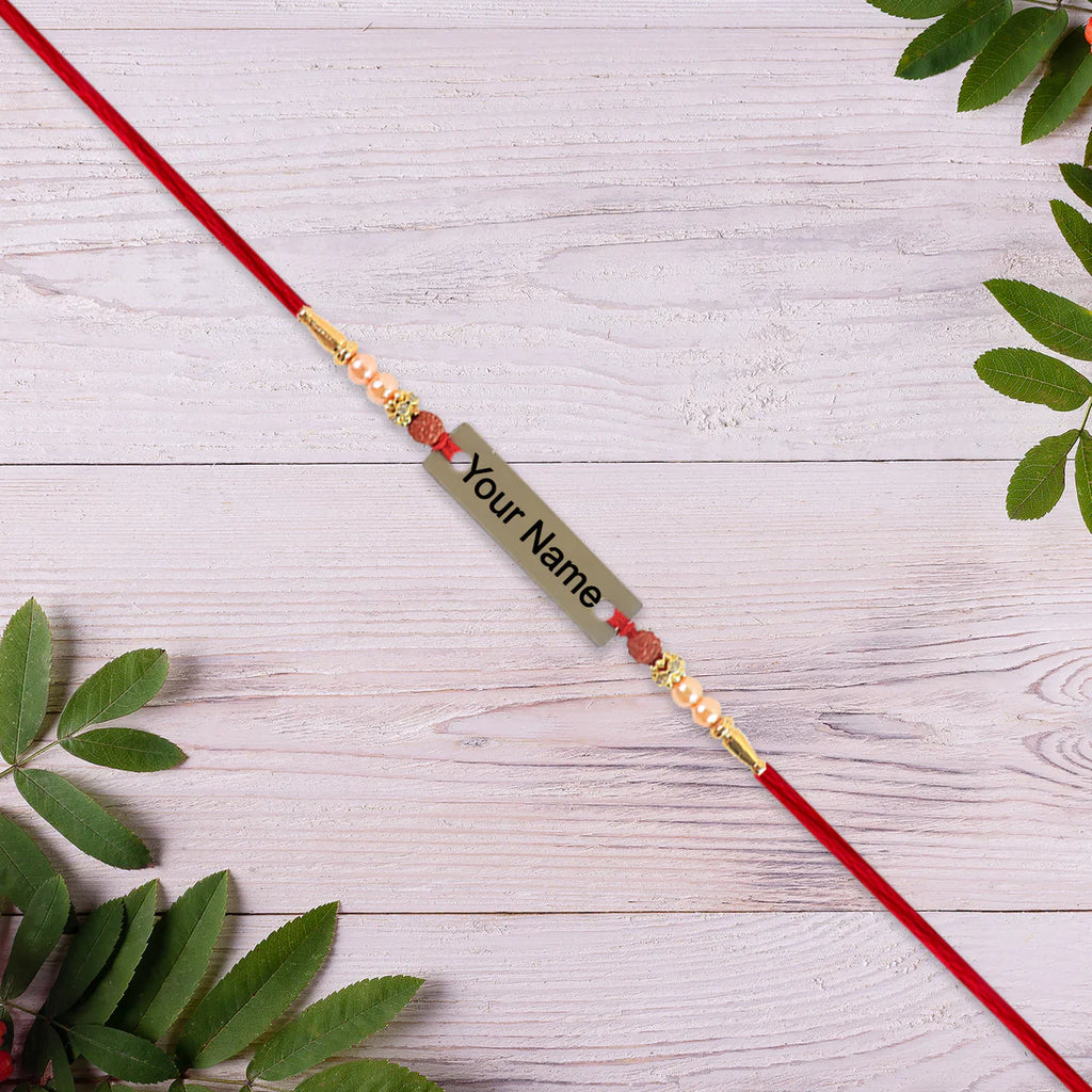 Personalized Rudraksha Rakhi – Custom Name Plate for Brother