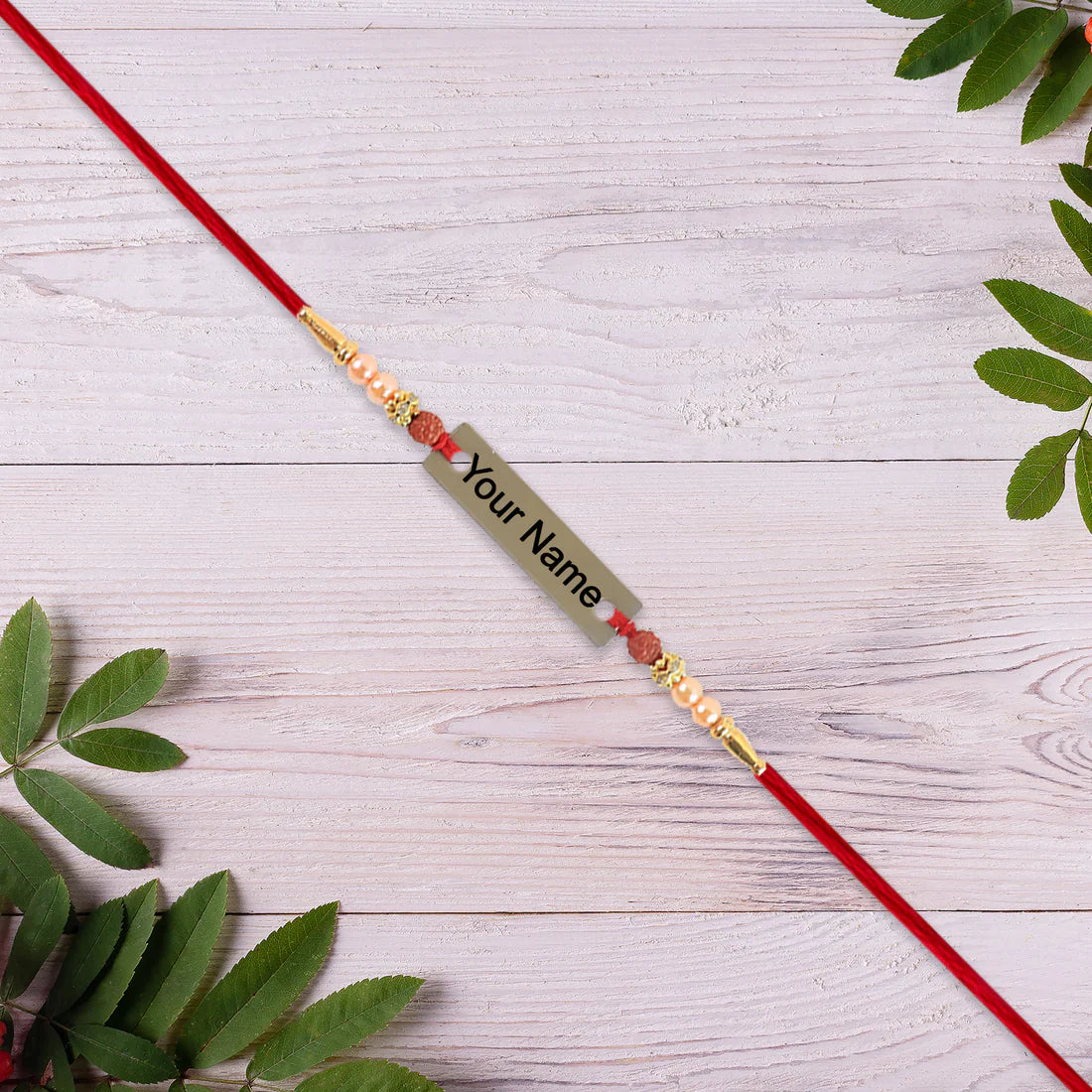 Personalized Rudraksha Rakhi – Custom Name Plate for Brother
