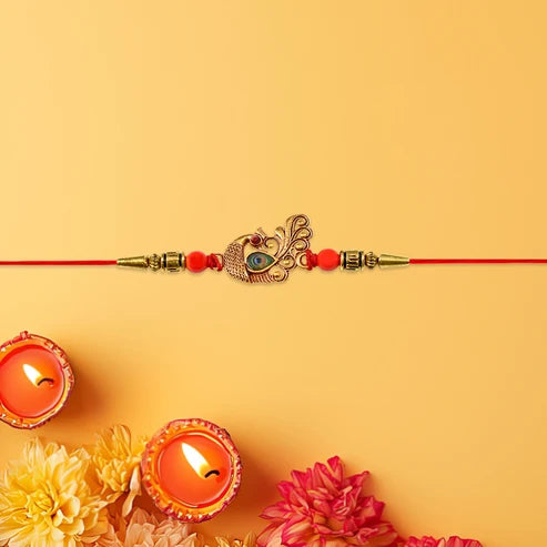 Peacock Rakhi – Golden Stone & Bead Designer Band for Brother