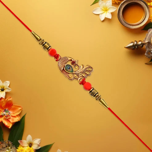Peacock Rakhi – Golden Stone & Bead Designer Band for Brother