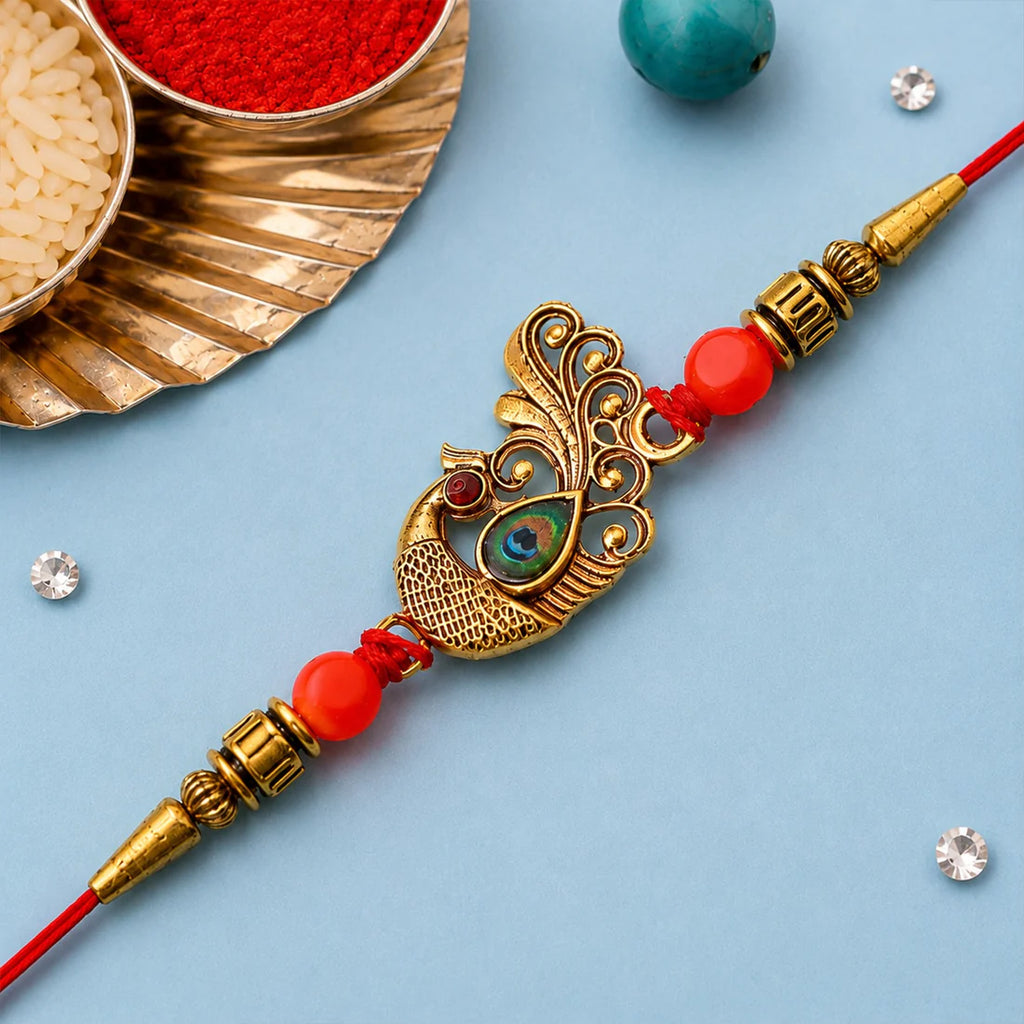 Peacock Rakhi – Golden Stone & Bead Designer Band for Brother
