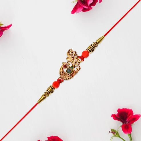 Peacock Rakhi – Golden Stone & Bead Designer Band for Brother