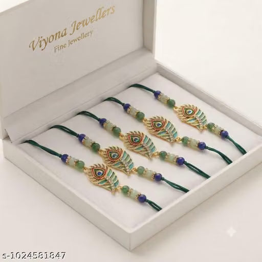 Pack of 5 Peacock Feather Designer Rakhi for Brother | Traditional Beaded Raksha Bandhan Rakhi Set