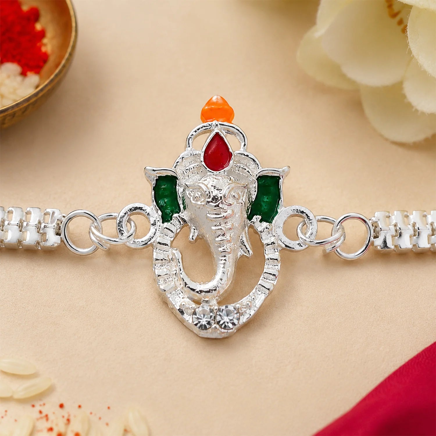 Ganesha Rakhi – Stylish Enamel & Silver Chain for Brothers