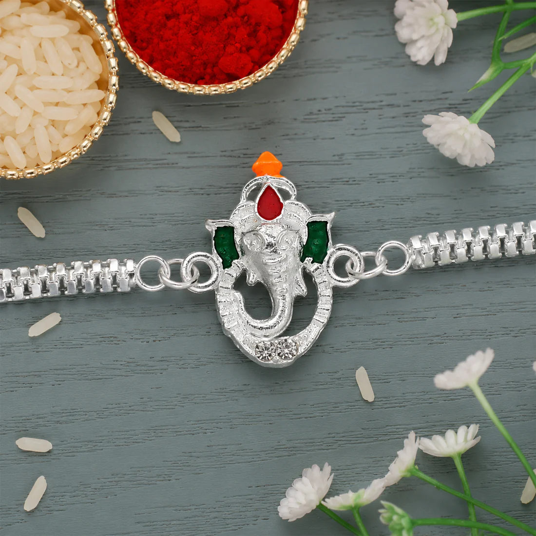 Ganesha Rakhi – Stylish Enamel & Silver Chain for Brothers