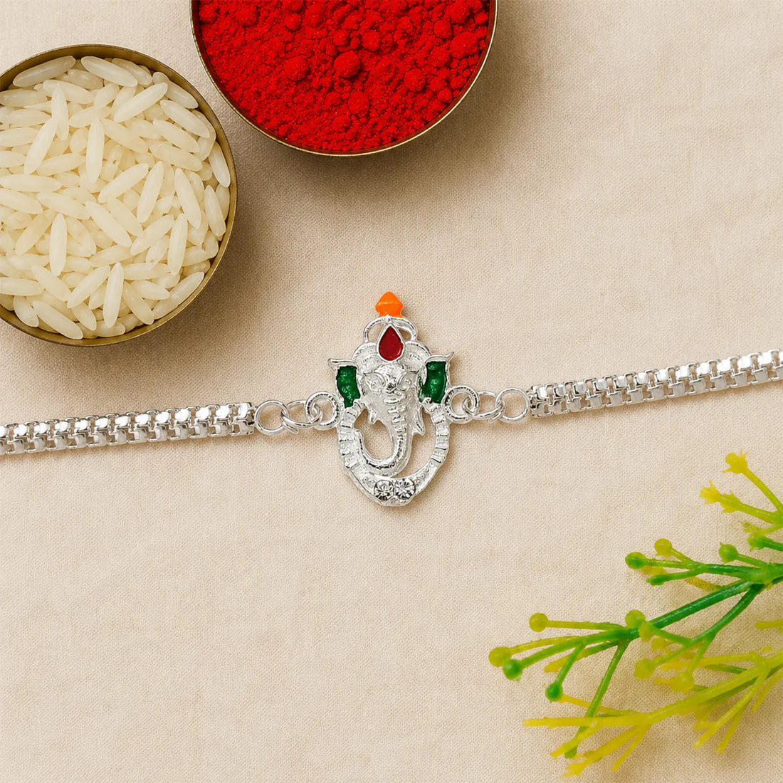 Ganesha Rakhi – Stylish Enamel & Silver Chain for Brothers