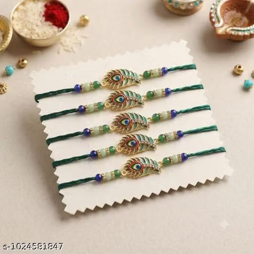 Pack of 5 Peacock Feather Designer Rakhi for Brother | Traditional Beaded Raksha Bandhan Rakhi Set