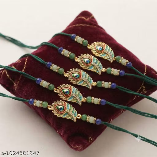 Pack of 5 Peacock Feather Designer Rakhi for Brother | Traditional Beaded Raksha Bandhan Rakhi Set