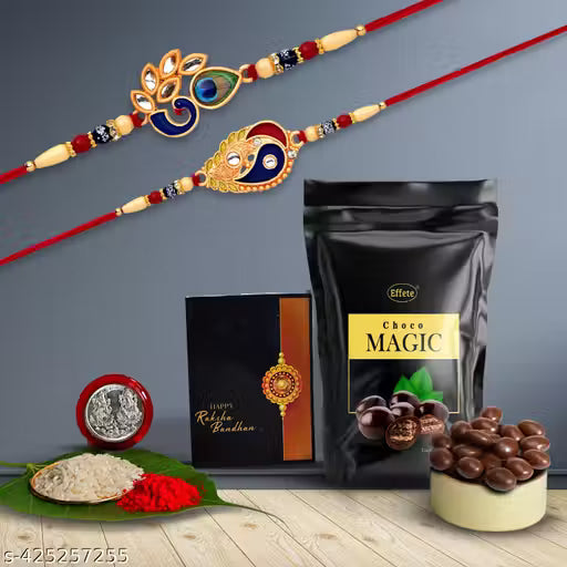 Effete Peacock & Designer Rakhi Set Of 2 & Chocolate Standy Magic 40Gm With Pooja Coin, Roli Chawal & Greeting Card | Occasion | Rakhi For Brother With Gift | Handmade Rakhi |Rakhi Combo For Brother | Stylish Rakhi For Brother