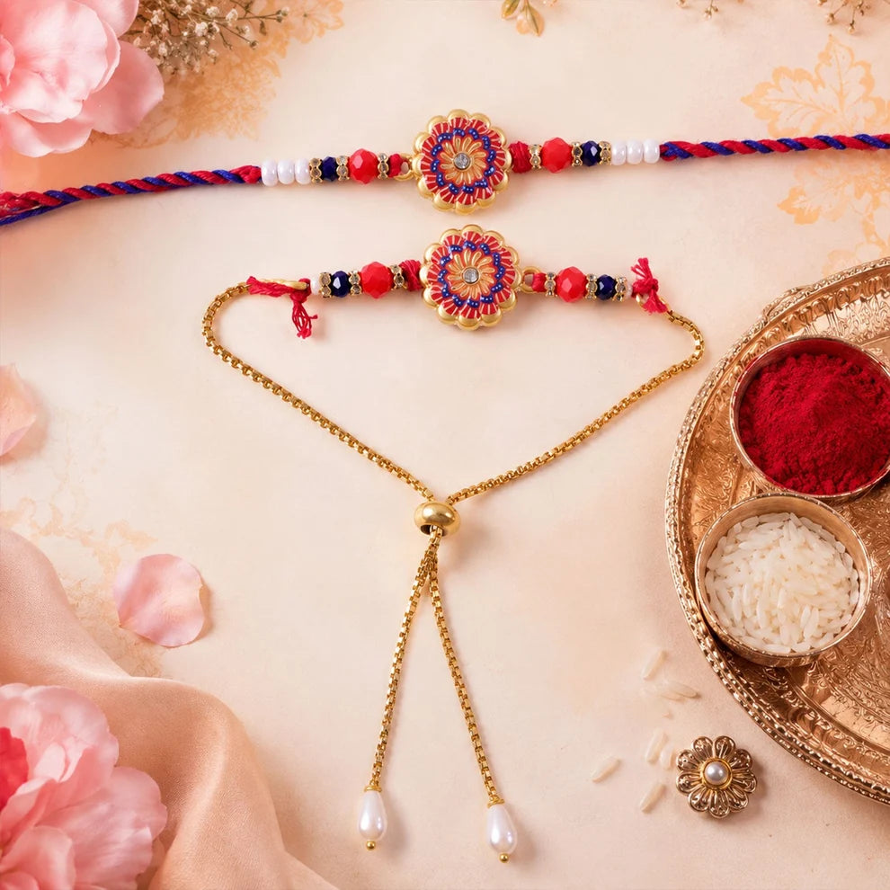 Lumba Floral Stone Beaded Rakhi for Brother and Bhabhi by madhavans