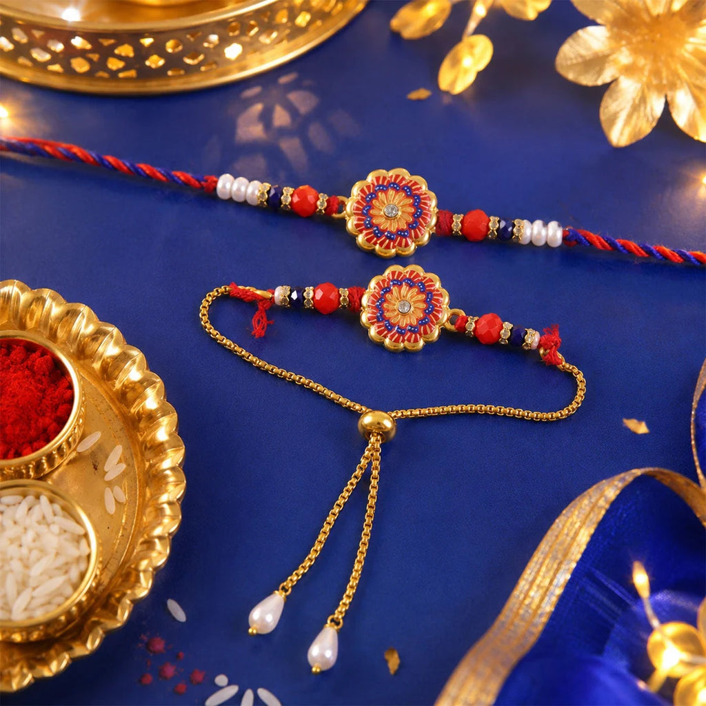 Lumba Floral Stone Beaded Rakhi for Brother and Bhabhi by madhavans