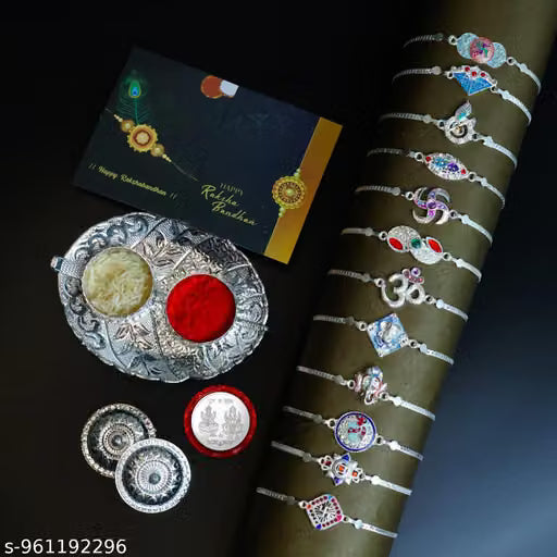 Periapt Designer Rakhi Set Of 12 With Dish, Pooja Coin, Roli Chawal & Greeting Card | Occasion | Handmade Rakhi | Stylish Rakhi Set For Brother | New Fancy Rakhi Combo (K12_HC14_AA7)