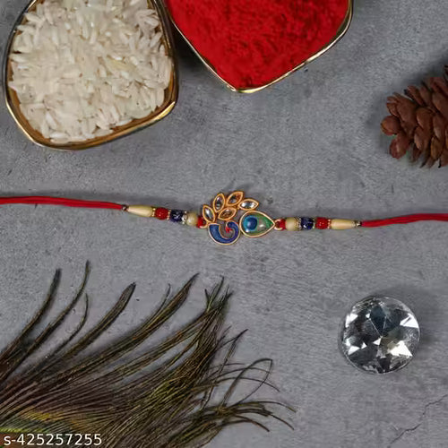 Effete Peacock & Designer Rakhi Set Of 2 & Chocolate Standy Magic 40Gm With Pooja Coin, Roli Chawal & Greeting Card | Occasion | Rakhi For Brother With Gift | Handmade Rakhi |Rakhi Combo For Brother | Stylish Rakhi For Brother